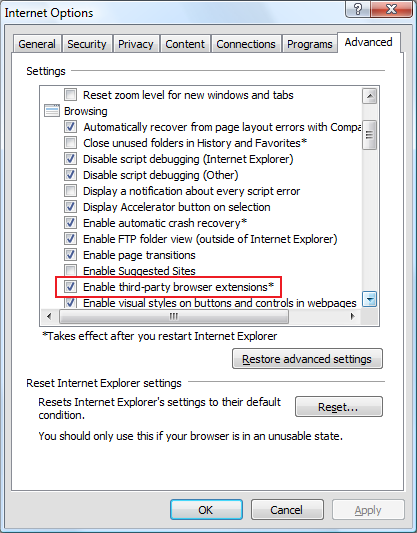 Enable Third Party Browser Extensions Internet Explorer